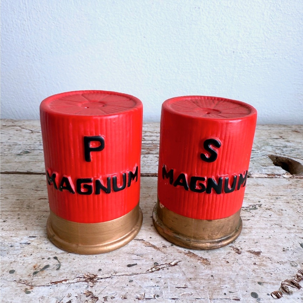 Vintage REPO Shotgun Shell Salt and Pepper Shakers Red Magnum Ceramic Set